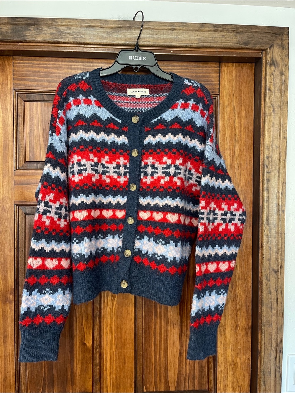 Lucky Brand Red & Navy Fair Isle Button-Up Sweater L